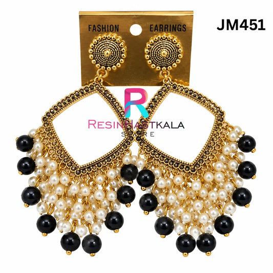 Square Gold Chandbali Earring Bezel / Jhumka Bezel with Black Beads (JM451)