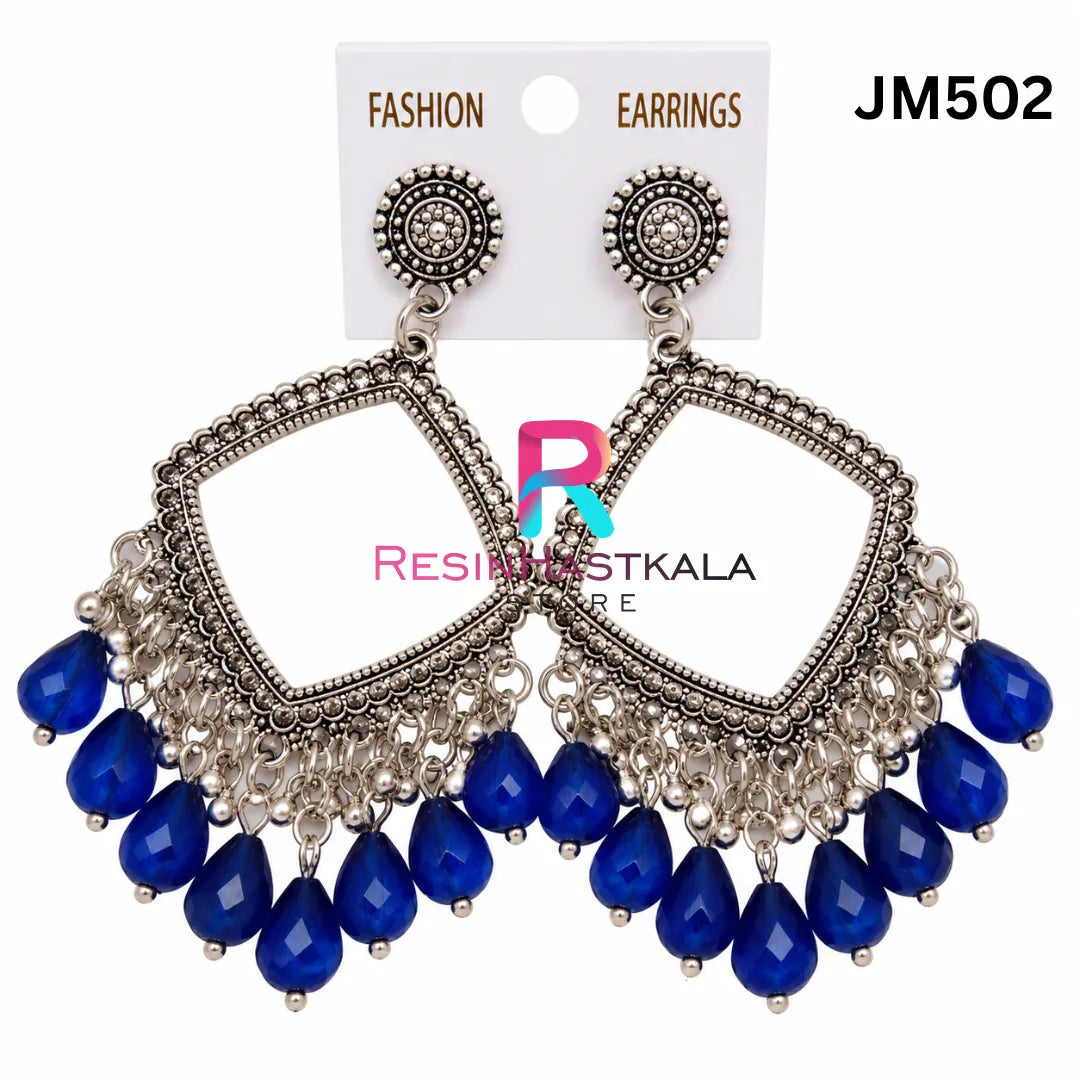 Square Silver Bezel / Jhumka Bezel with Blue Beads (JM502)