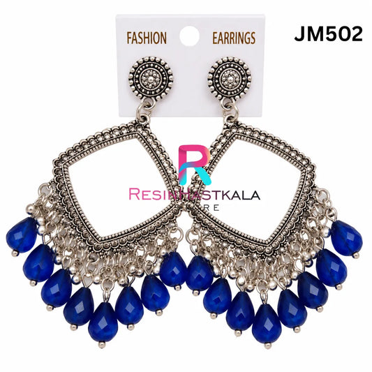Square Silver Bezel / Jhumka Bezel with Blue Beads (JM502)