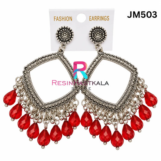 Square Silver Bezel / Jhumka Bezel with Red Beads (JM503)