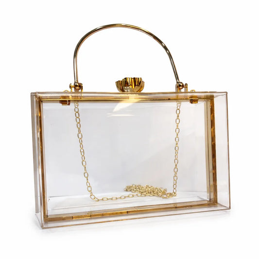 Transparent Acrylic Designer Clutch with Gold Metal Handle & Chain