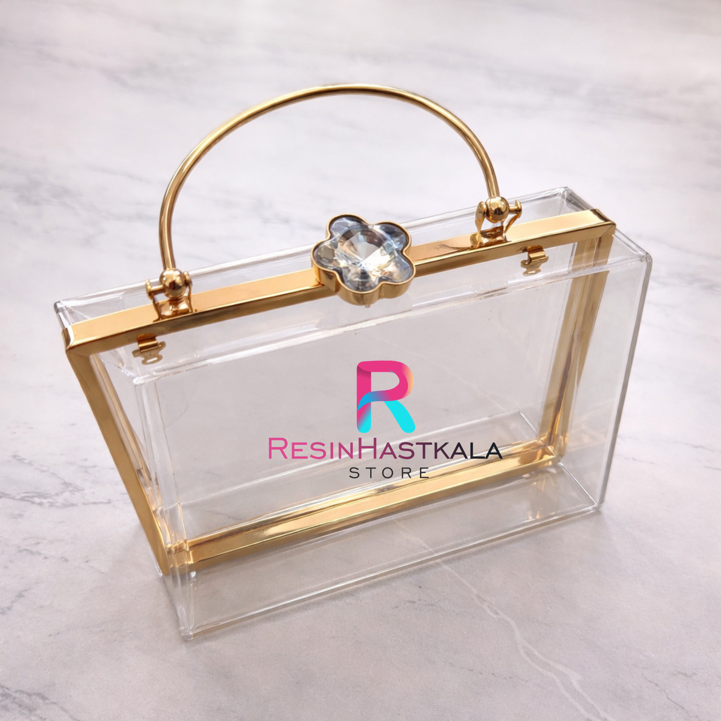 Transparent Acrylic Designer Clutch with Gold Metal Handle With Chain