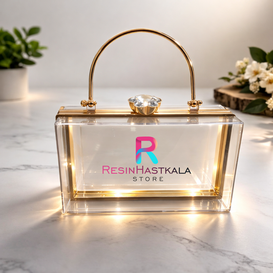 Transparent Acrylic Designer Clutch with Gold Metal Handle With Chain