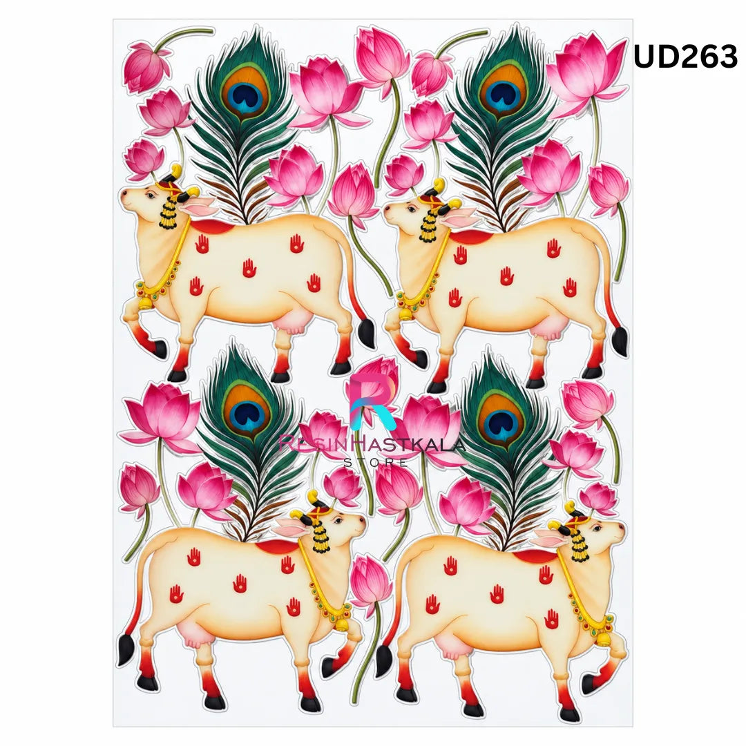 UV DTF Sticker – A6 Size (Cow Pichwai & Peacock Feather Design) (UD263)