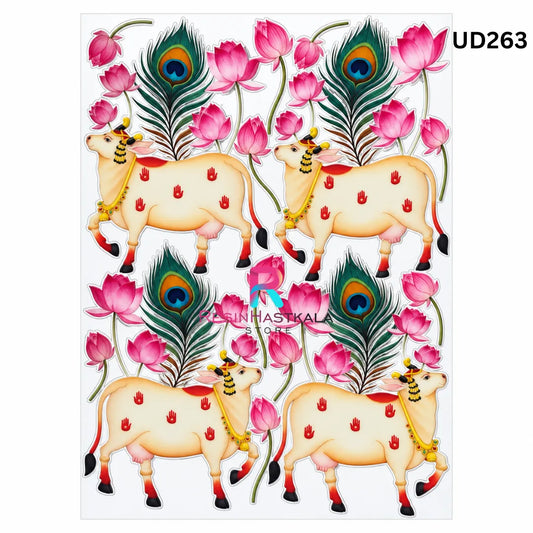 UV DTF Sticker – A6 Size (Cow Pichwai & Peacock Feather Design) (UD263)