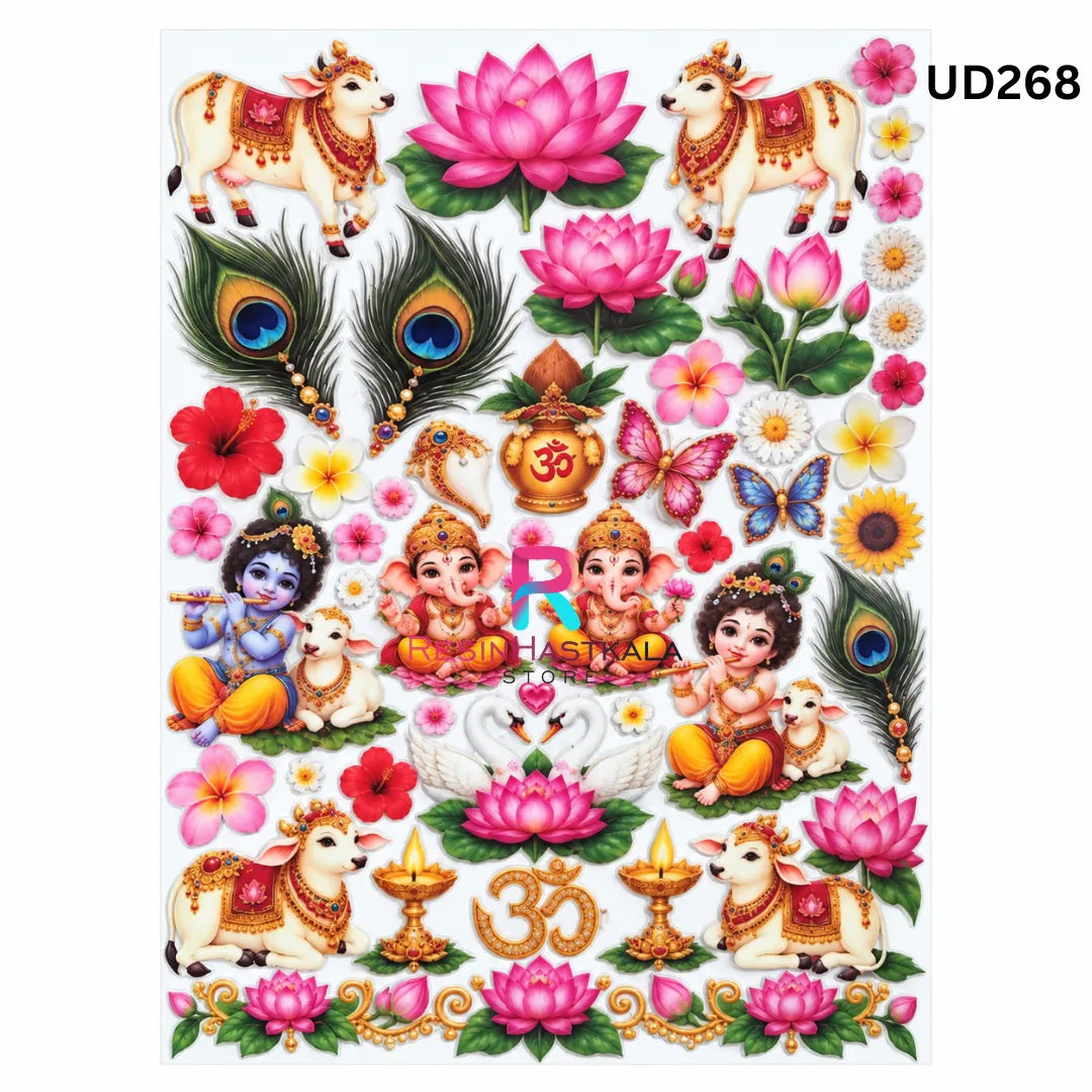 UV DTF Sticker – A6 Size (Cow, Peacock Feather & God Design) (UD268)