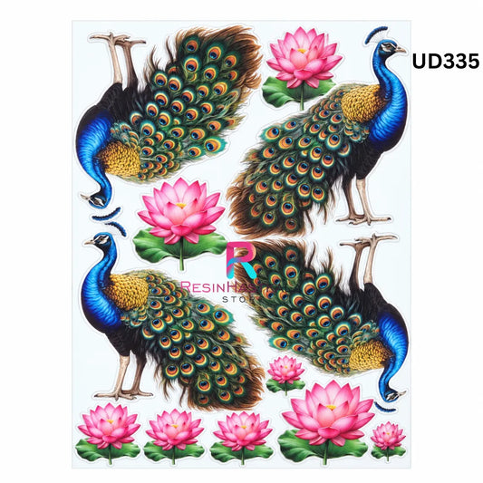 UV DTF Sticker – A6 Size (Peacock & Lotus Design) (UD335)