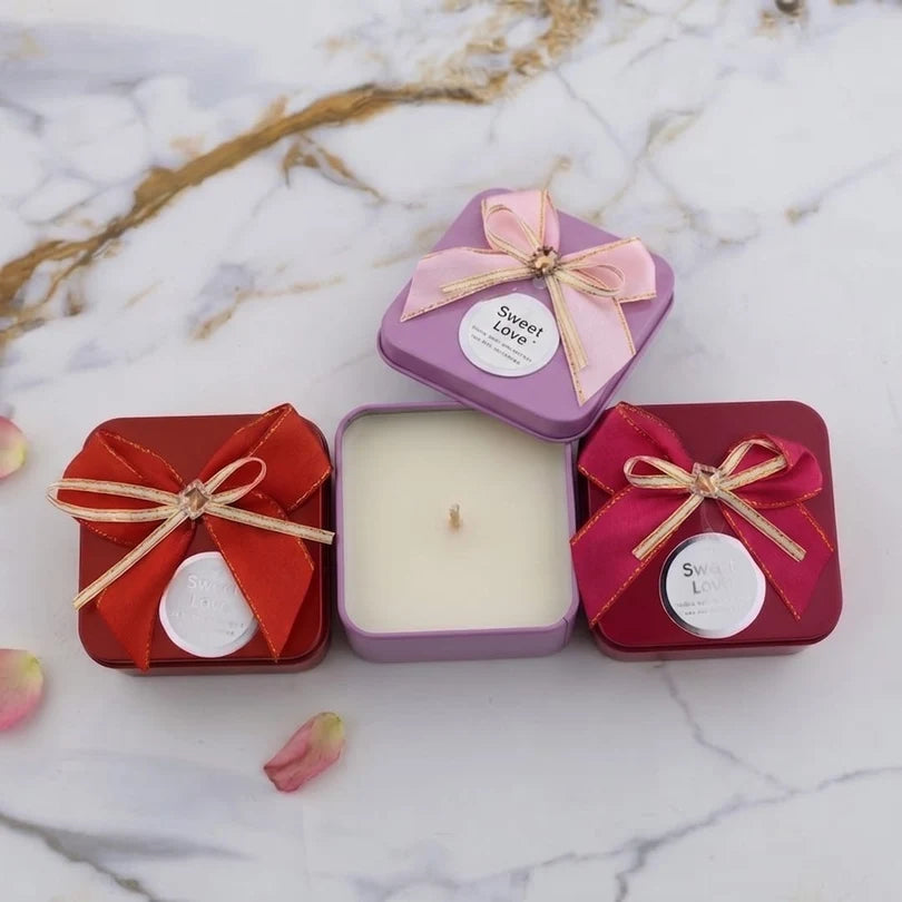 1 Piece Square Shape Sweet Love Empty Tin Jar with Bow – Random Colour Only Size - 6.5*6.5*4 Cm