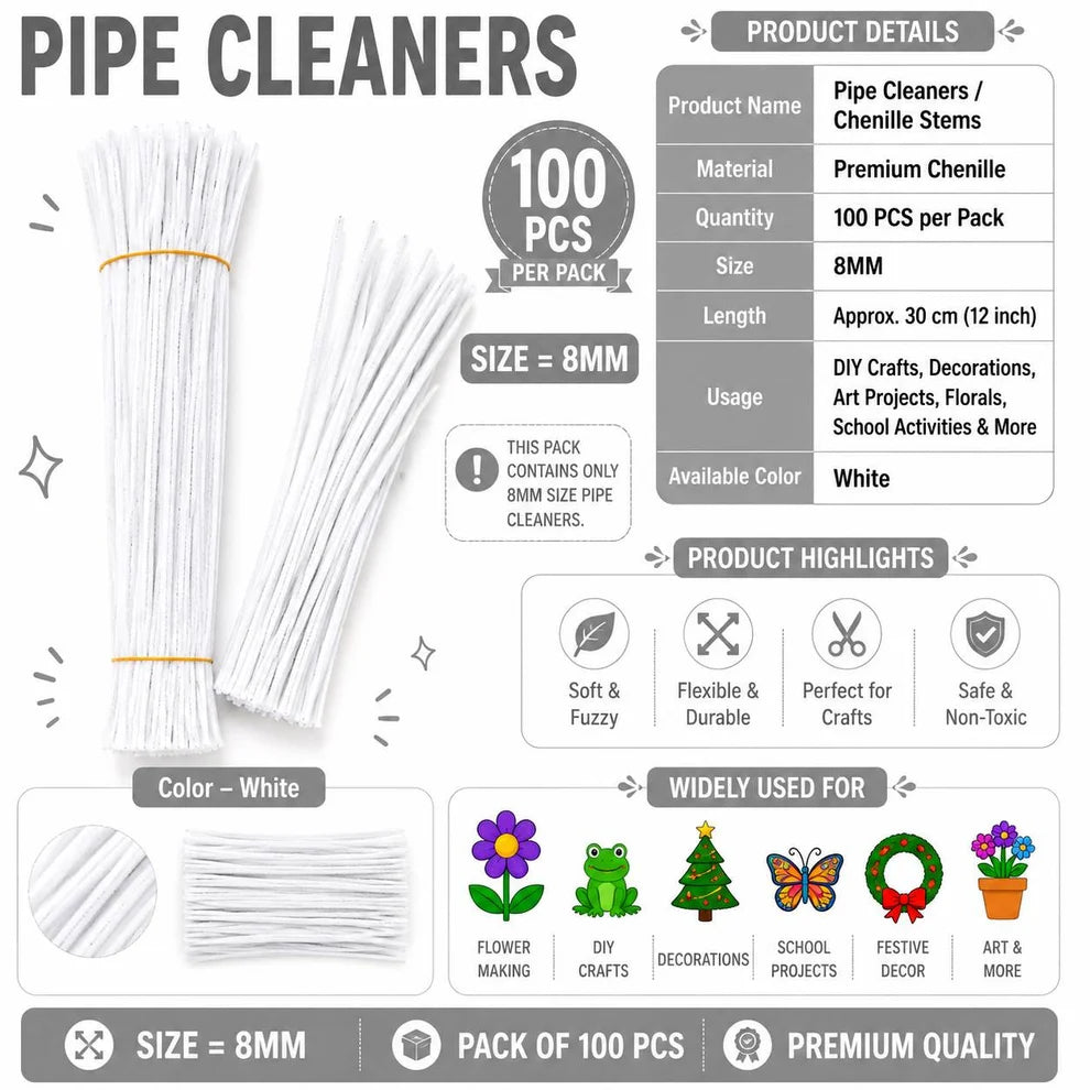 8 mm Premium Pipe Cleaners for Flower Making &  Diy Crafts Projects  – 100 Pcs (Approx.)