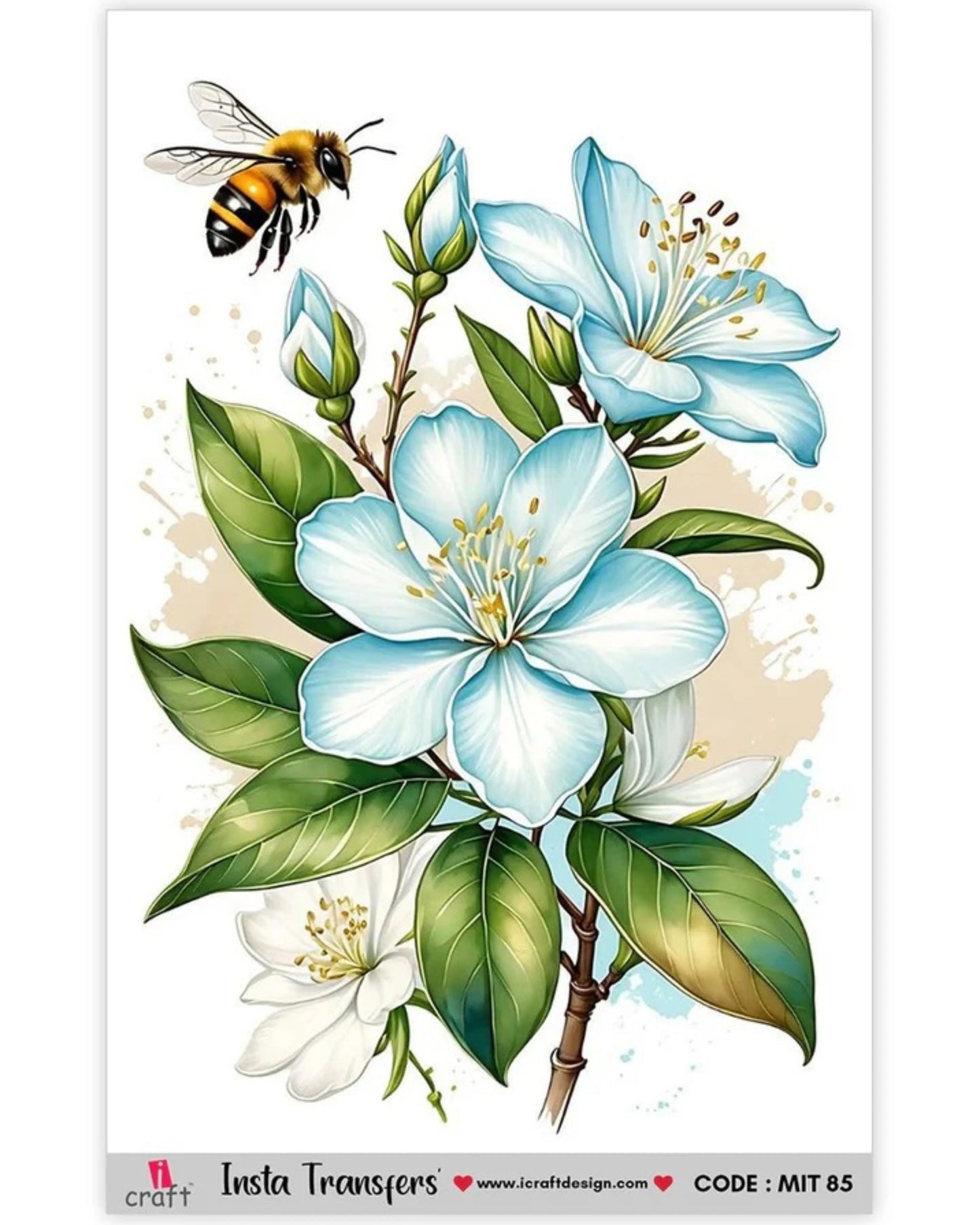 iCraft Water Transfer Sticker – Flower and Bee Design (MIT85) (3.5" x 5")